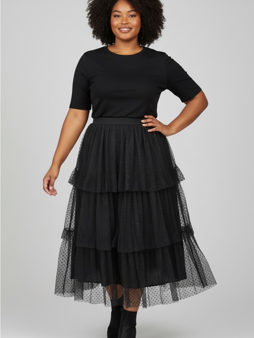 ZARA boho womens Black Tiered Dot Mesh Midi Skirt size xxl